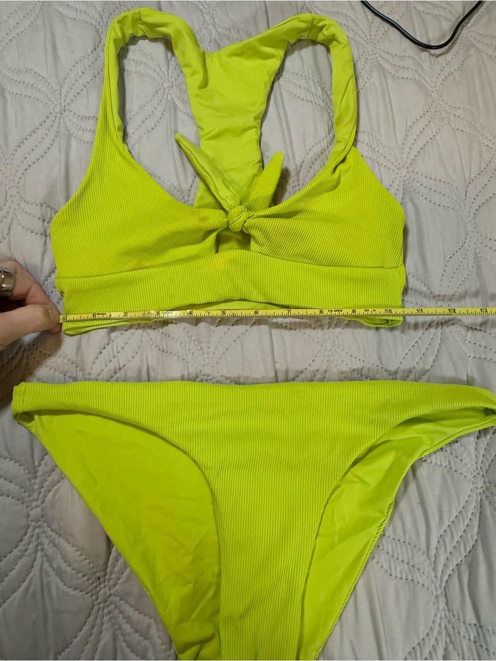 Neon Yellow Ribbed Bikini Set Knot Front Racerback‎ Swimwear Small